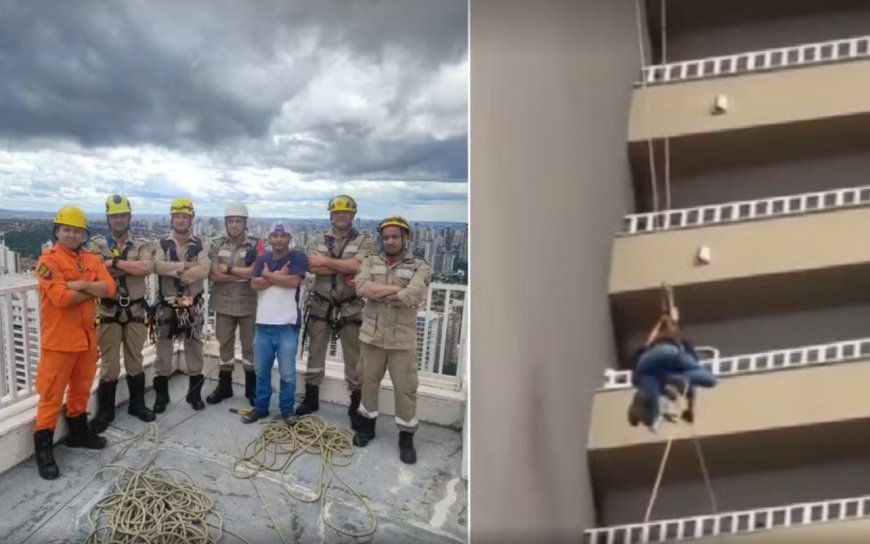 Trabalhador é salvo após ficar preso a 130 metros de altura, em Goiânia